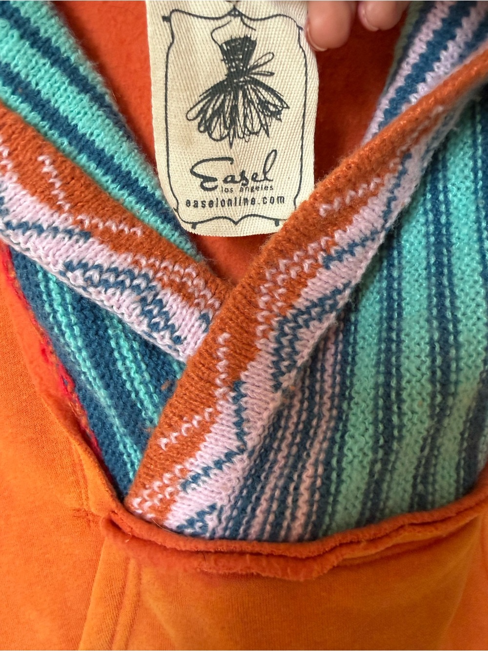 easel Orange Hoodie with Teal & Pink Striped Knit Trim - Picture 4 of 8